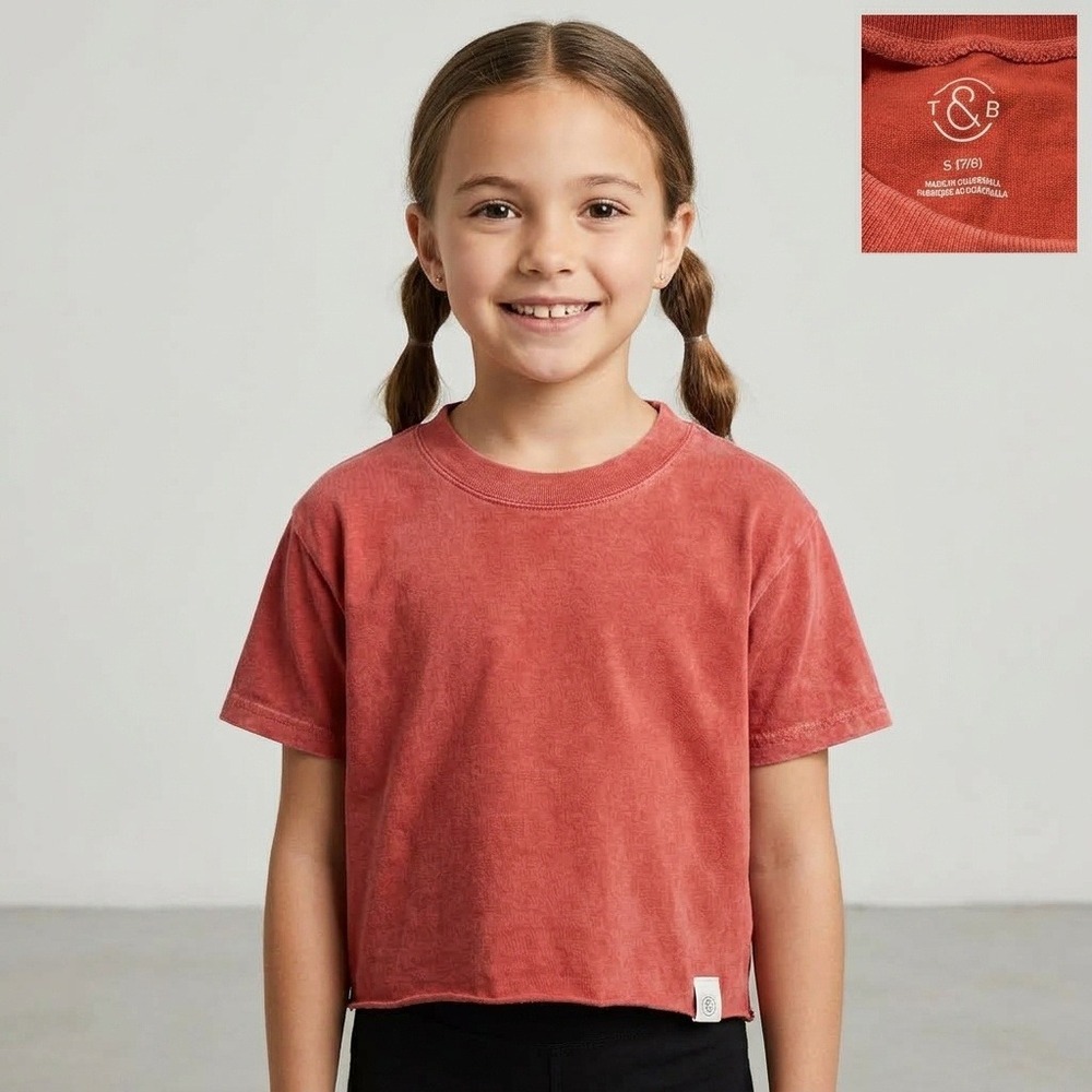 T&B Cropped T-Shirt Kids Size S 7/8 Red Excellent Mineral Wash Raw Hem Tee